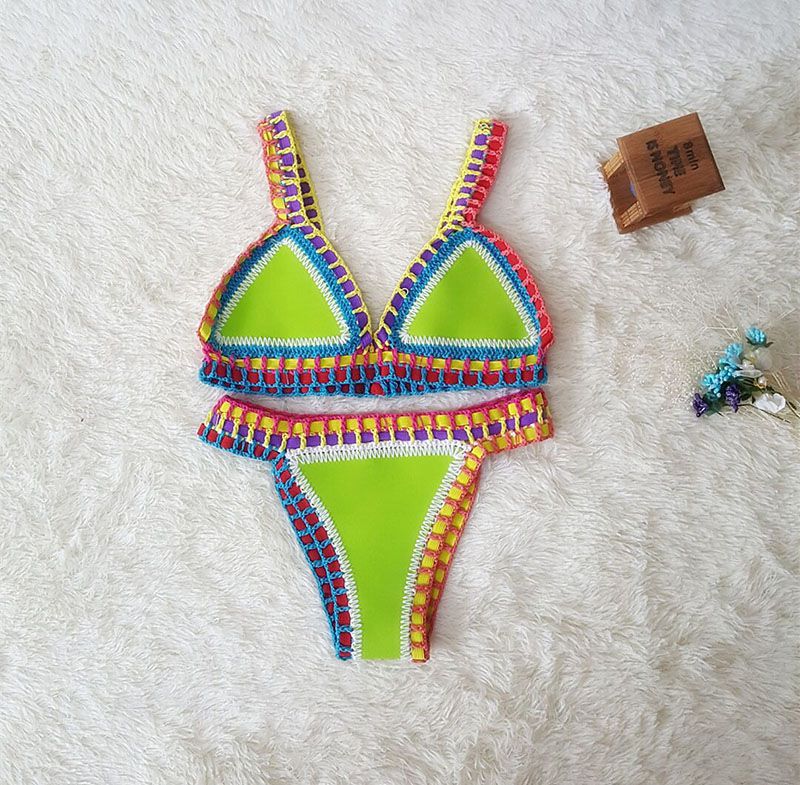 Rainbow Bohemian Trim Crochet Bathing Suit Swimsuit Sets