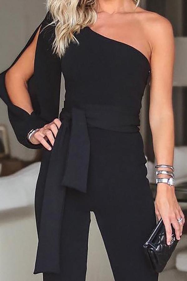 One Shoulder Split Sleeve Belted Wide Leg Jumpsuits on sale - SOUISEE