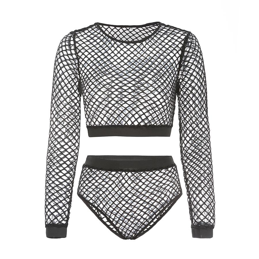 Black Mesh Fishnet Sheer Crop Top&Short Co ord Sets on sale - SOUISEE