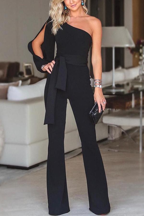 One Shoulder Split Sleeve Belted Wide Leg Jumpsuits on sale - SOUISEE