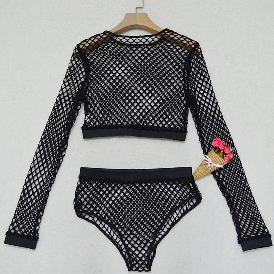 Black Mesh Fishnet Sheer Crop Top&Short Co ord Sets on sale - SOUISEE