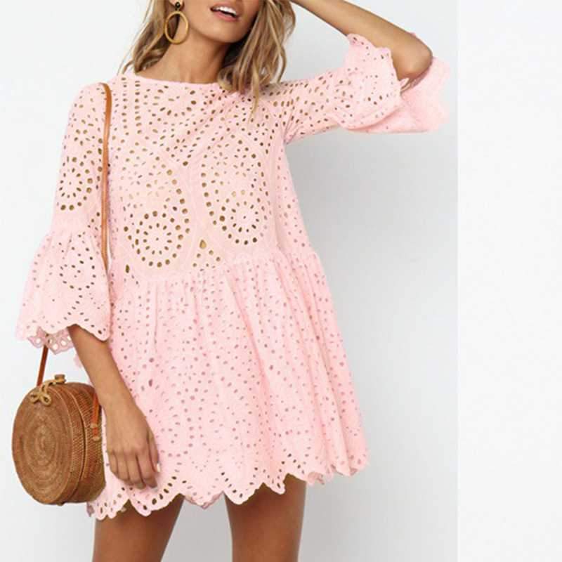 Casual Scalloped Trim Hemline Eyelet Lace Swing Dress on sale - SOUISEE