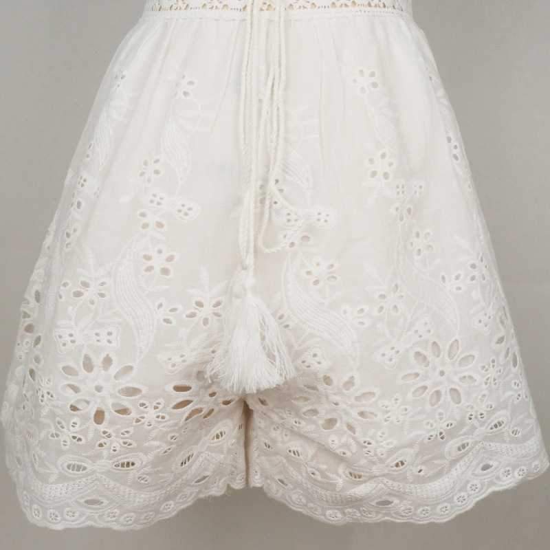Cotton Crochet Eyelet Waist Tie Shoulder Shorts Romper Jumpsuit on sale - SOUISEE