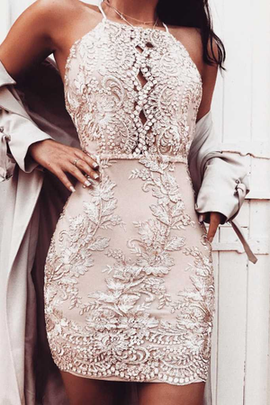 Handmade Embellished Mesh Rose Gold Backless Bodycon Dress on sale - SOUISEE