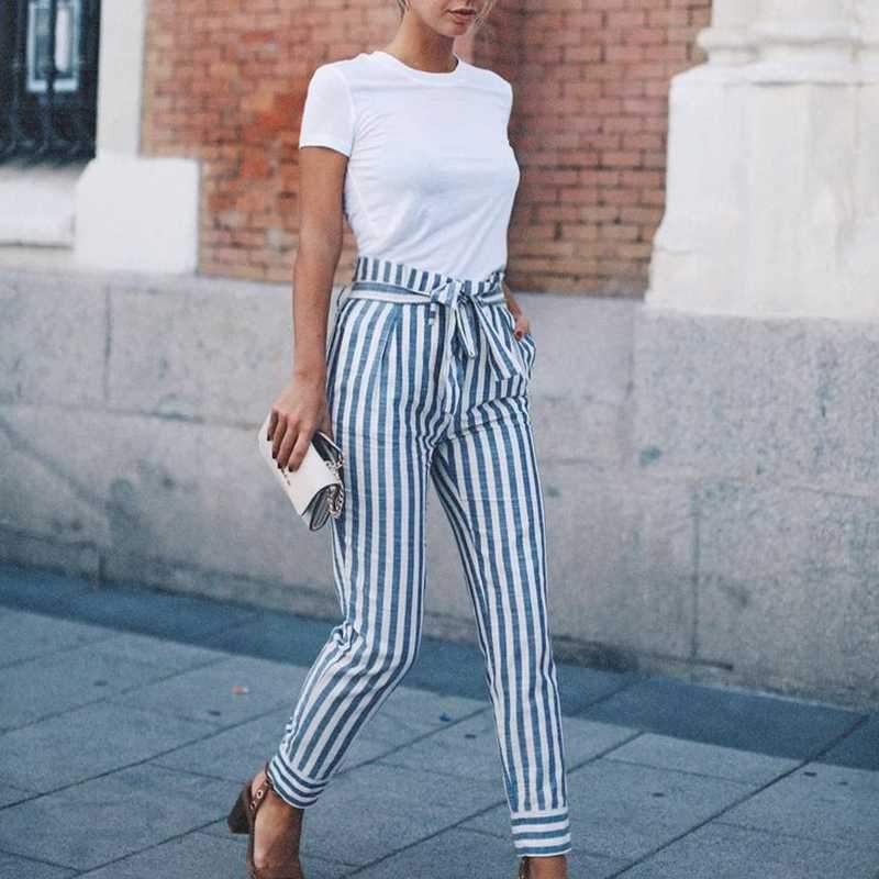 Tie Waist Belted Cigarette Trousers Striped Pants on sale - SOUISEE
