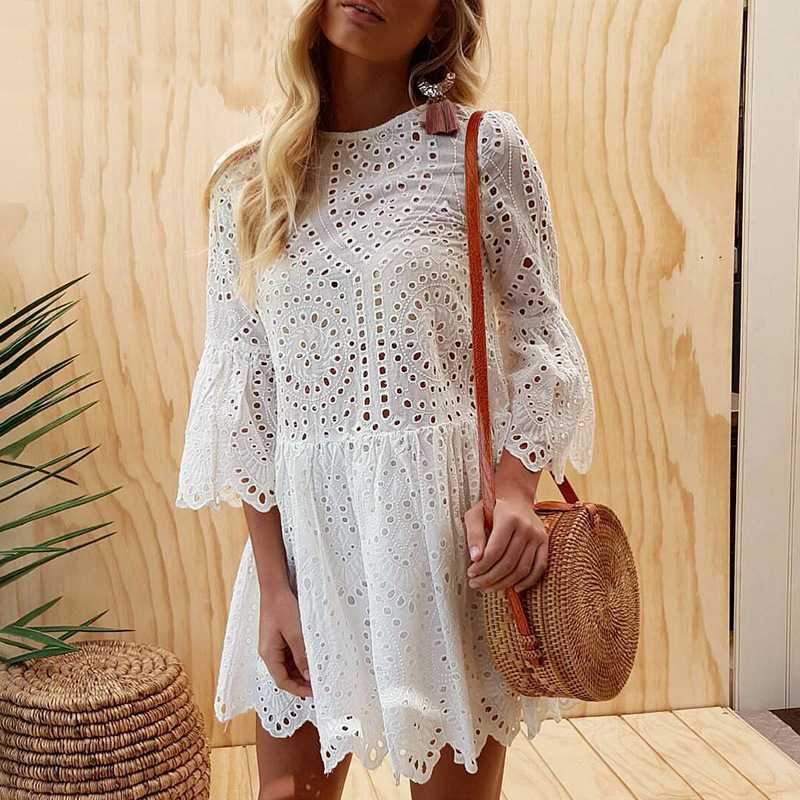 Casual Scalloped Trim Hemline Eyelet Lace Swing Dress on sale - SOUISEE