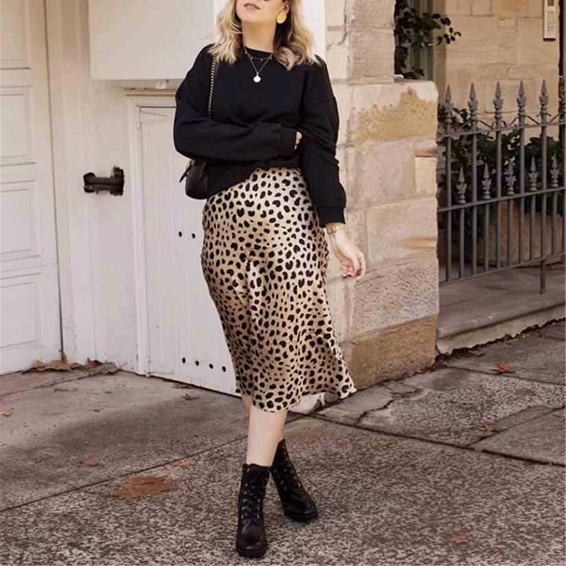 Retro Elastic Band High Waisted Leopard Print Midi Skirt on sale - SOUISEE