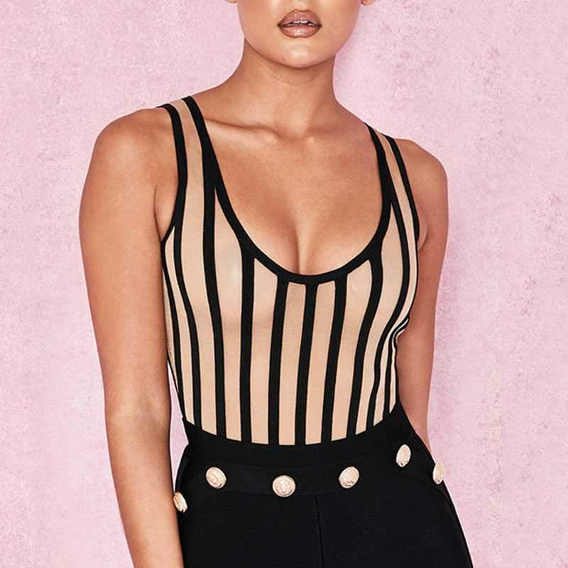 Sexy Striped Seethrough Mesh Low Cut Sleeveless Bodysuit on sale - SOUISEE