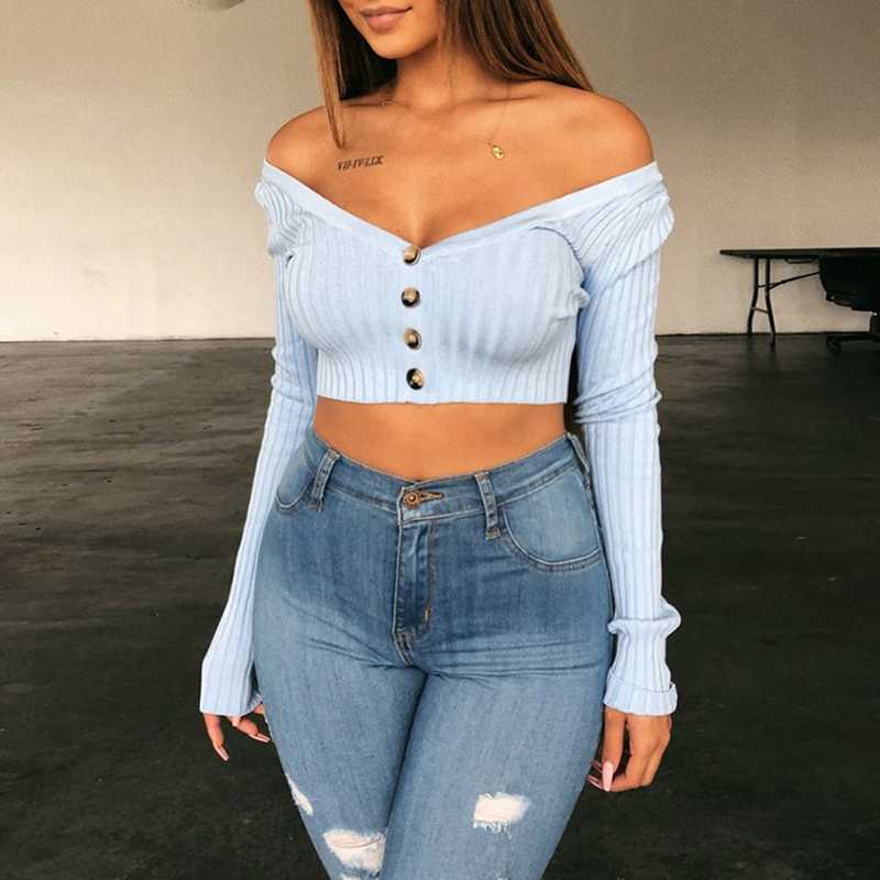 Ribbed Off The Shoulder Cropped Button Up Knit Tops on sale - SOUISEE