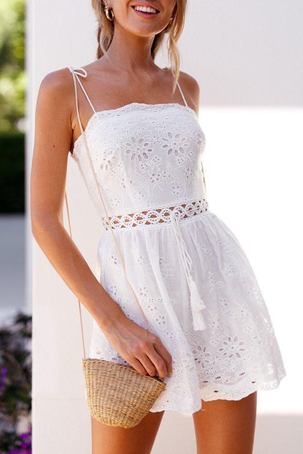 Cotton Crochet Eyelet Waist Tie Shoulder Shorts Romper Jumpsuit on sale - SOUISEE