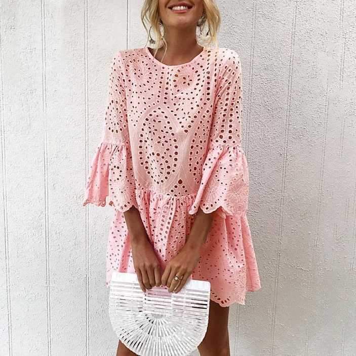 Casual Scalloped Trim Hemline Eyelet Lace Swing Dress on sale - SOUISEE