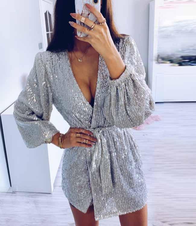 Glitter Deep V Neck Tie Waist Long Sleeve Sparkly Dress on sale - SOUISEE