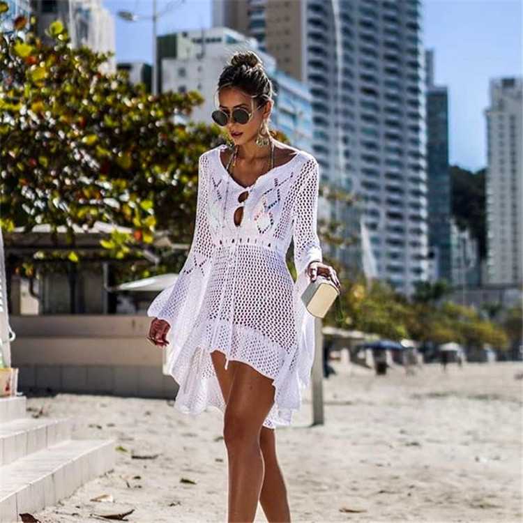 Boho High Low Puff Sleeve Crochet Beach Dress Swim Cover Ups on sale - SOUISEE