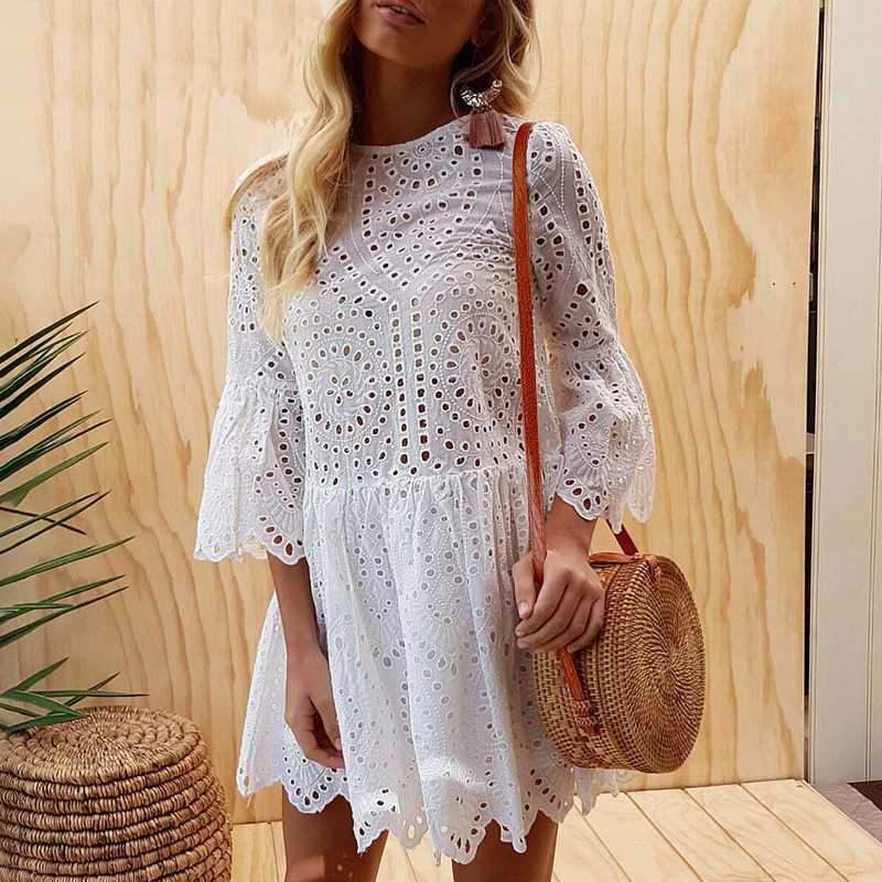 Casual Scalloped Trim Hemline Eyelet Lace Swing Dress on sale - SOUISEE
