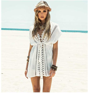 Vacation Deep V Neck White Crochet Lace Beach Dress Cover Ups on sale - SOUISEE
