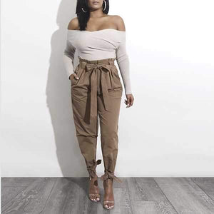 High Waisted Bow Tie Waist Cargo Pants Baggy Trousers on sale - SOUISEE