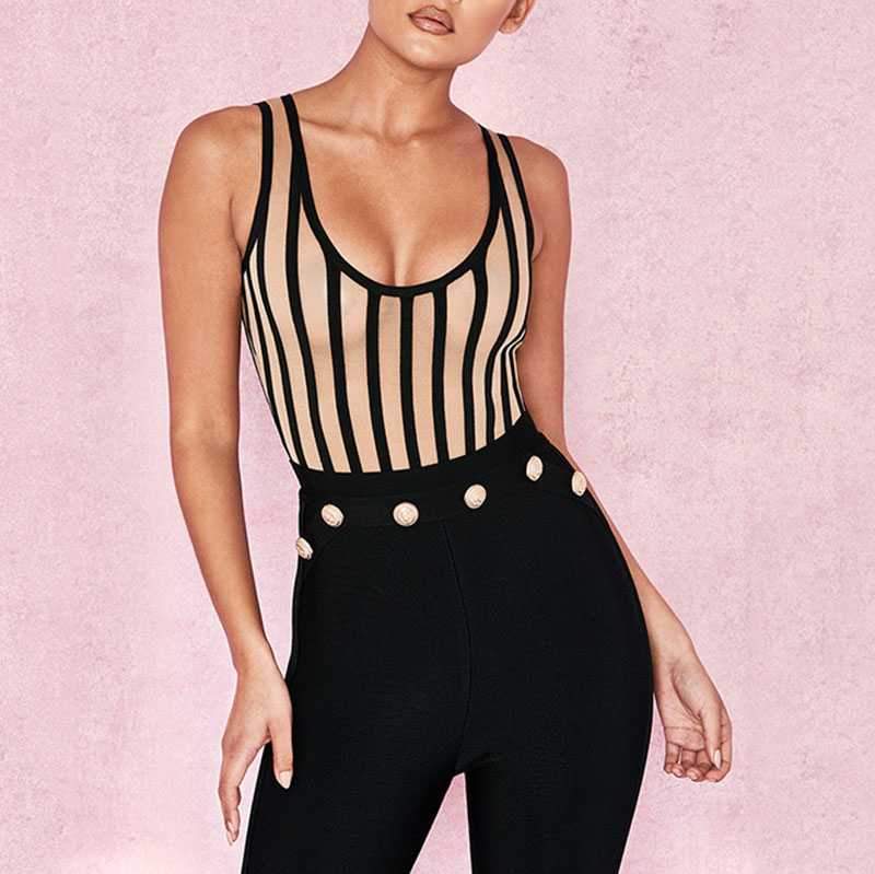 Sexy Striped Seethrough Mesh Low Cut Sleeveless Bodysuit on sale - SOUISEE