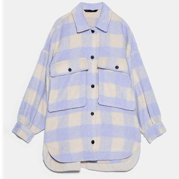 Checked Collared Overshirt Patch Pocket Wool Blend Tweed Jacket on sale - SOUISEE