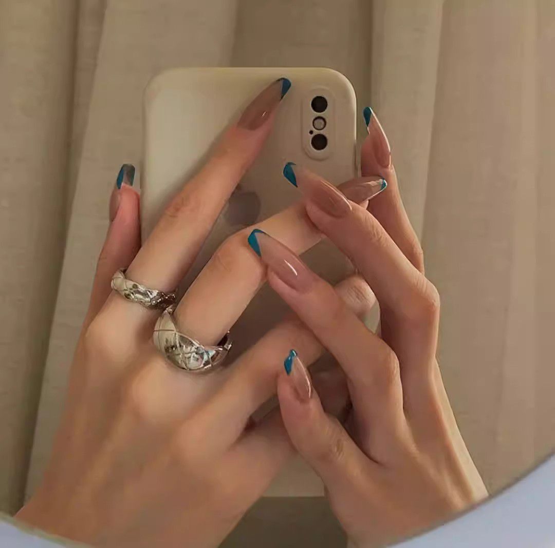 Teal Blue French Tip Acrylic Coffin