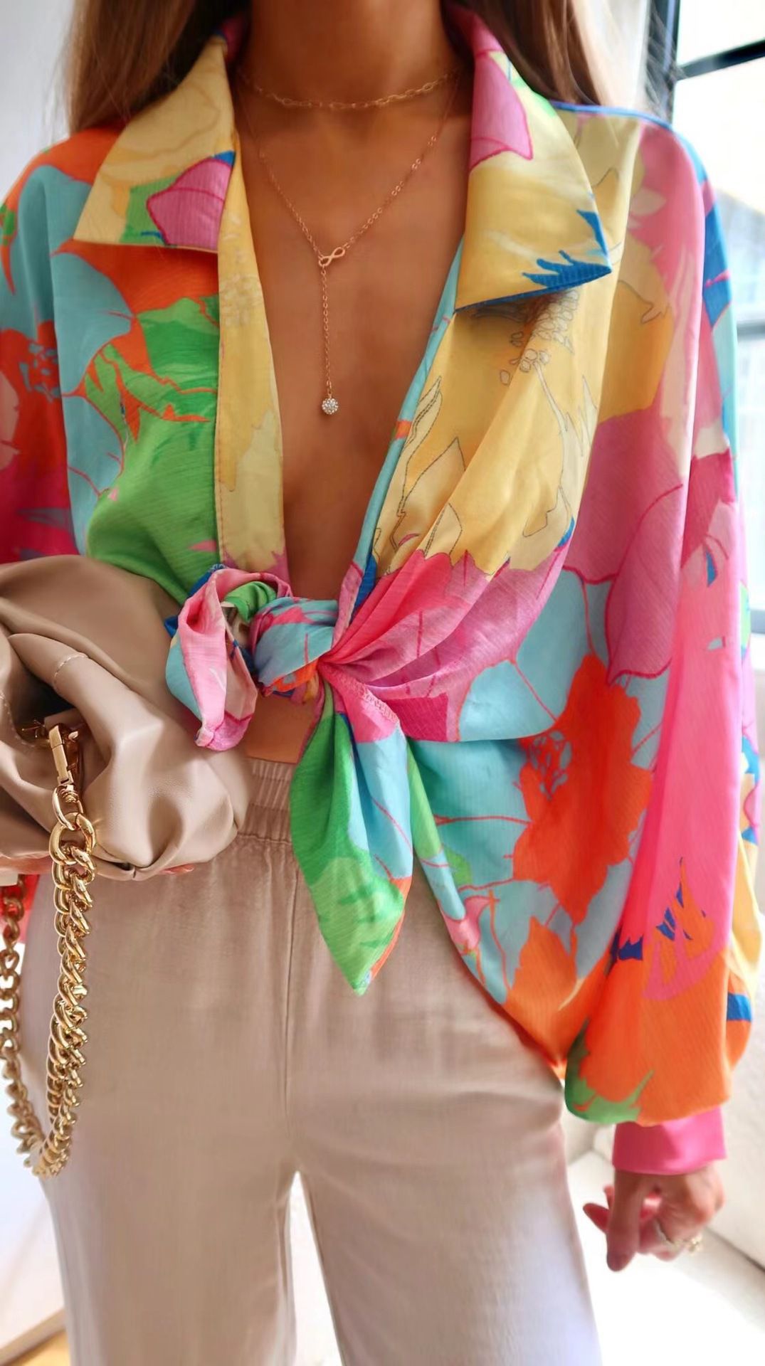 Vintage 90s Multicolor Rainbow Floral Lantern Sleeve Tie Front Blouse Shirt