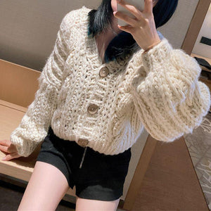 Hand Knitted Braid Chunky Cable Knit V Neck Button Crop Cardigan Sweater on sale - SOUISEE