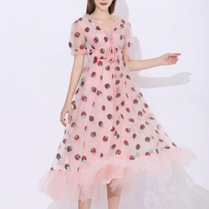 Sparkly Sequin Strawberry Midi Dress Ruffle Mesh Tulle Ball Gown on sale - SOUISEE