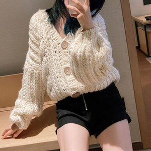 Hand Knitted Braid Chunky Cable Knit V Neck Button Crop Cardigan Sweater on sale - SOUISEE