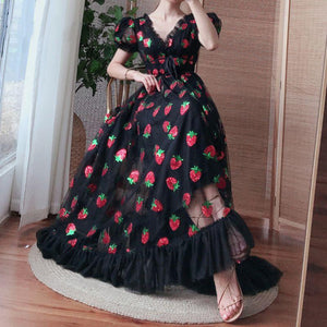 Sparkly Sequin Strawberry Midi Dress Ruffle Mesh Tulle Ball Gown on sale - SOUISEE