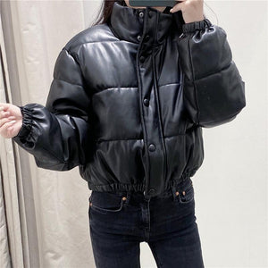 Water Repellent Faux Leather Cotton Padded Waxed Puffer Jacket on sale - SOUISEE