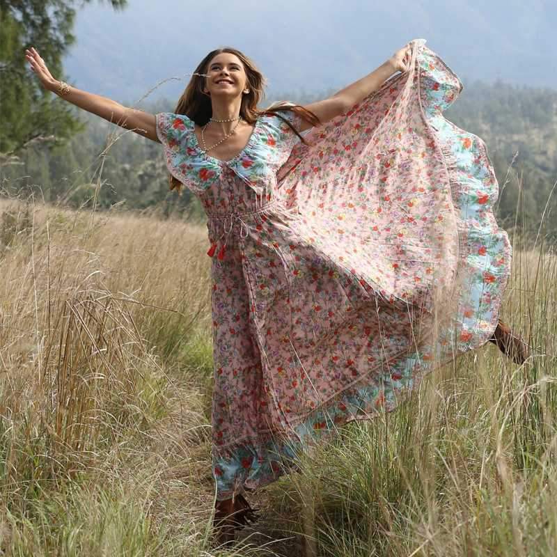 Bohemian Hippie Floral Flounce Off The Shoulder Maxi Dress on sale - SOUISEE