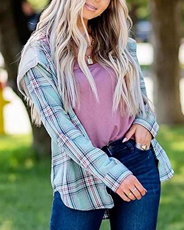 Oversizd Fit Button Up Hoodies Casual Multi Colored Hooded Flannel Shirt on sale - SOUISEE