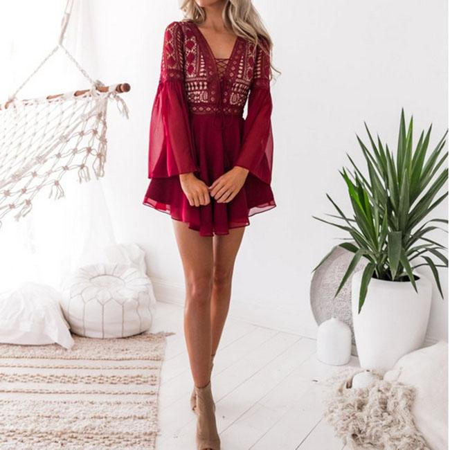 Boho Mesh Hollow Out Front Lace Up Bodycon Dress on sale - SOUISEE