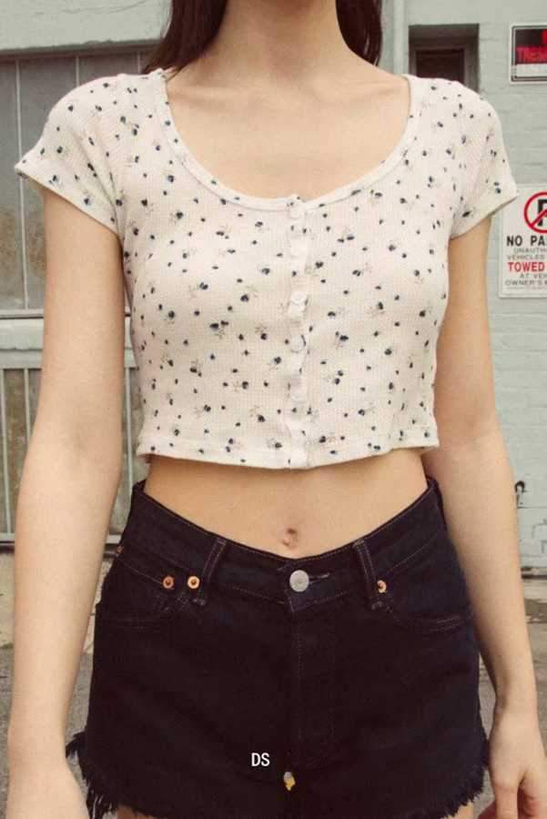 Ribbed Floral Short Sleeve Button Up Crop Top Tee Shirt on sale - SOUISEE