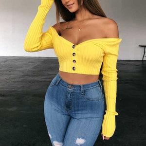 Ribbed Off The Shoulder Cropped Button Up Knit Tops on sale - SOUISEE