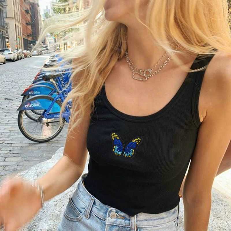 Butterfly Embroidered Ribbed Cotton Workout Tank Crop Top on sale - SOUISEE