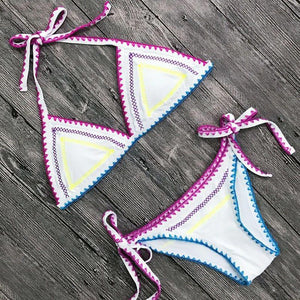 Boho Scalloped Ric Rac Trim Crochet Knitted Bathing Bikini Swimming Suit
