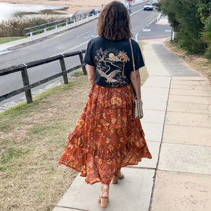 90s Fashion Retro Elastic Waist Paisley Ruffle Midi Skirt on sale - SOUISEE