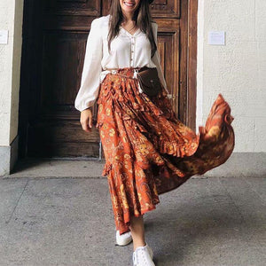 90s Fashion Retro Elastic Waist Paisley Ruffle Midi Skirt on sale - SOUISEE