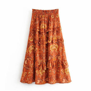 90s Fashion Retro Elastic Waist Paisley Ruffle Midi Skirt on sale - SOUISEE
