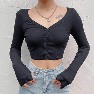 Ribbed Off The Shoulder Cropped Button Up Knit Tops on sale - SOUISEE