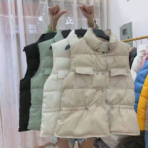 Button Drawstring Waist Quilted Vest Puffer Gilets Sleeveless Bodywarmer on sale - SOUISEE