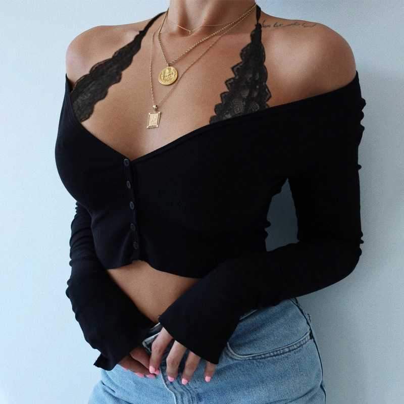Ribbed Off The Shoulder Cropped Button Up Knit Tops on sale - SOUISEE