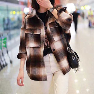 Classic Thick Colorblock Checked Button Down Woolen Shirt Jacket on sale - SOUISEE