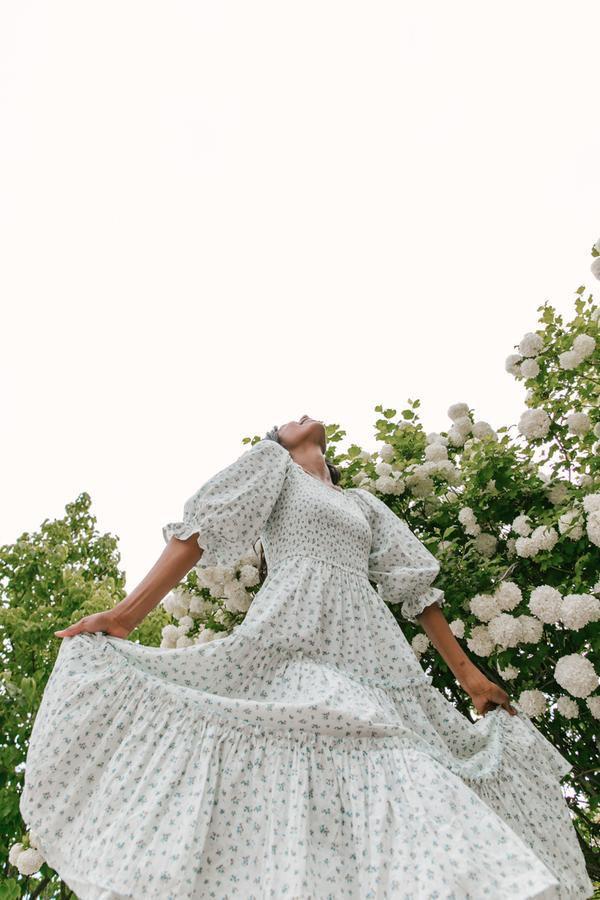 Ditsy Micro Floral Smocked Bodice Ruffle Midi Dress Puff Sleeve on sale - SOUISEE