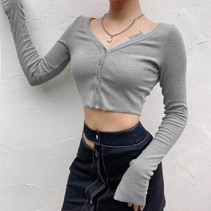 Ribbed Off The Shoulder Cropped Button Up Knit Tops on sale - SOUISEE