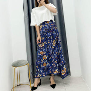 90s Fashion Retro Elastic Waist Paisley Ruffle Midi Skirt on sale - SOUISEE