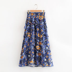 90s Fashion Retro Elastic Waist Paisley Ruffle Midi Skirt on sale - SOUISEE