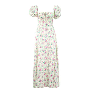 Boho Flower Garden Floral PUFF SLEEVE Square Neck Side Thigh Split Midi Dress on sale - SOUISEE