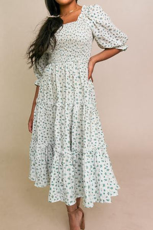 Ditsy Micro Floral Smocked Bodice Ruffle Midi Dress Puff Sleeve on sale - SOUISEE