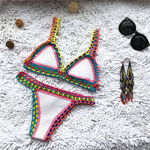 Rainbow Bohemian Trim Crochet Bathing Suit Swimsuit Sets